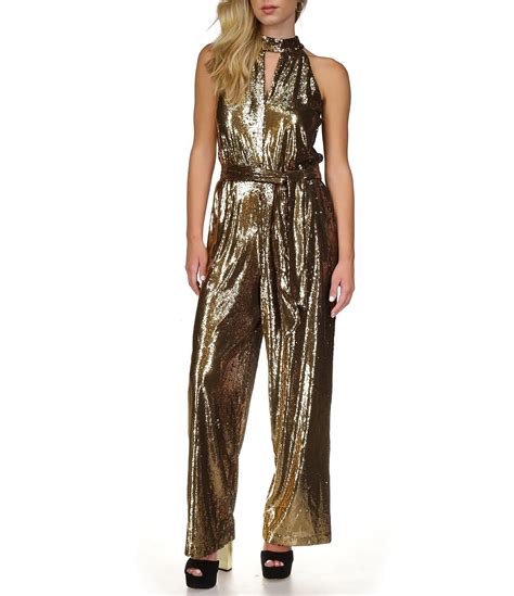 michael kors printed halter jumpsuit|Michael Kors sleeveless belted jumpsuit.